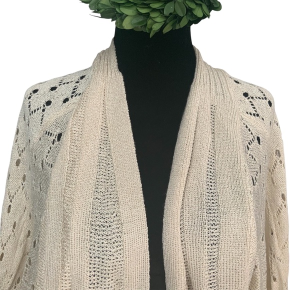 The Cue Cher Qu Natural Beige Crochet Knit Lace Inset Cotton Sweater Shrug SZ S - Picture 3 of 11